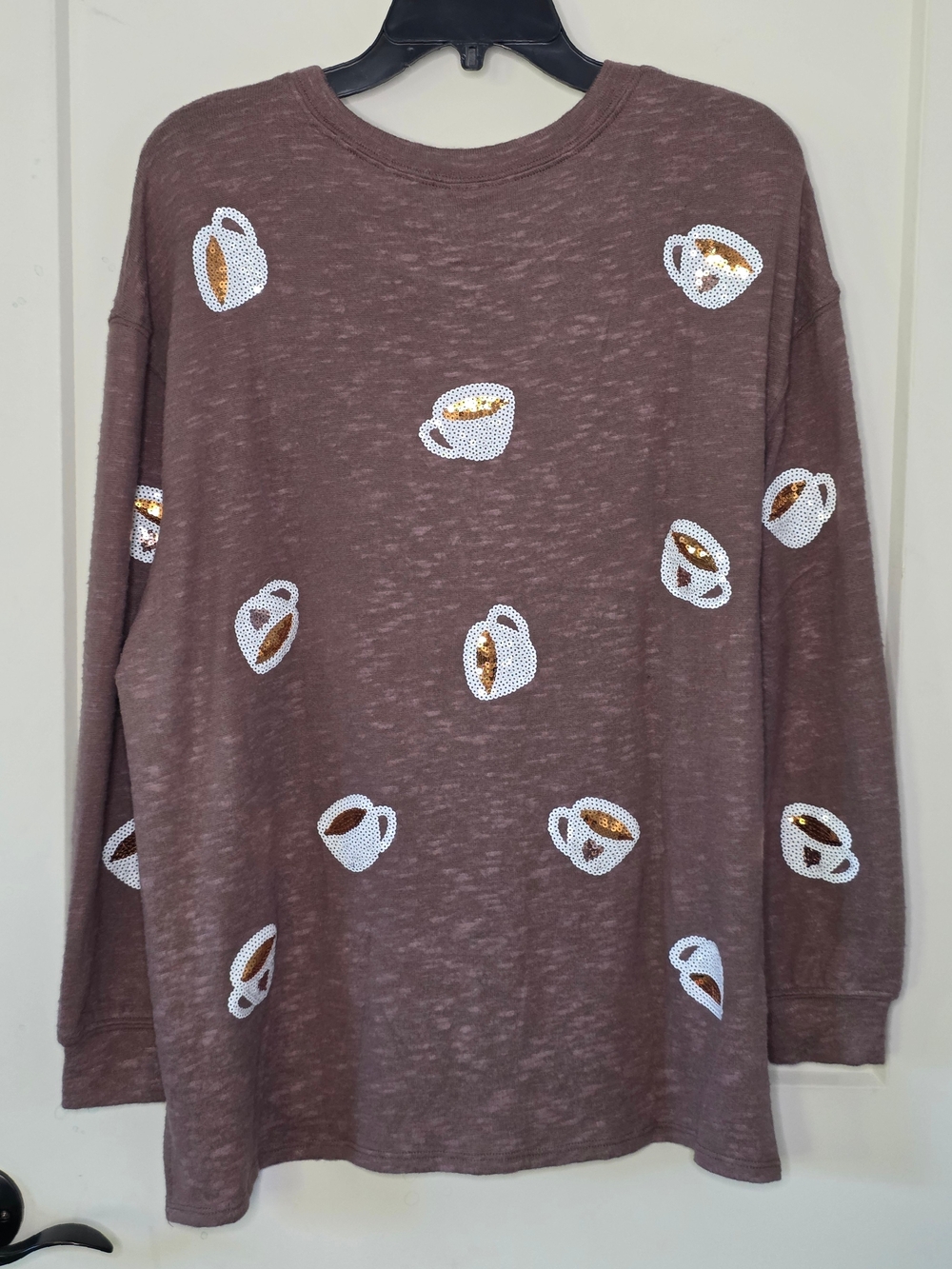 Tru Self - Brown Sequin Coffee Cup Graphic Long-Sleeve Tee - Picture 2 of 4